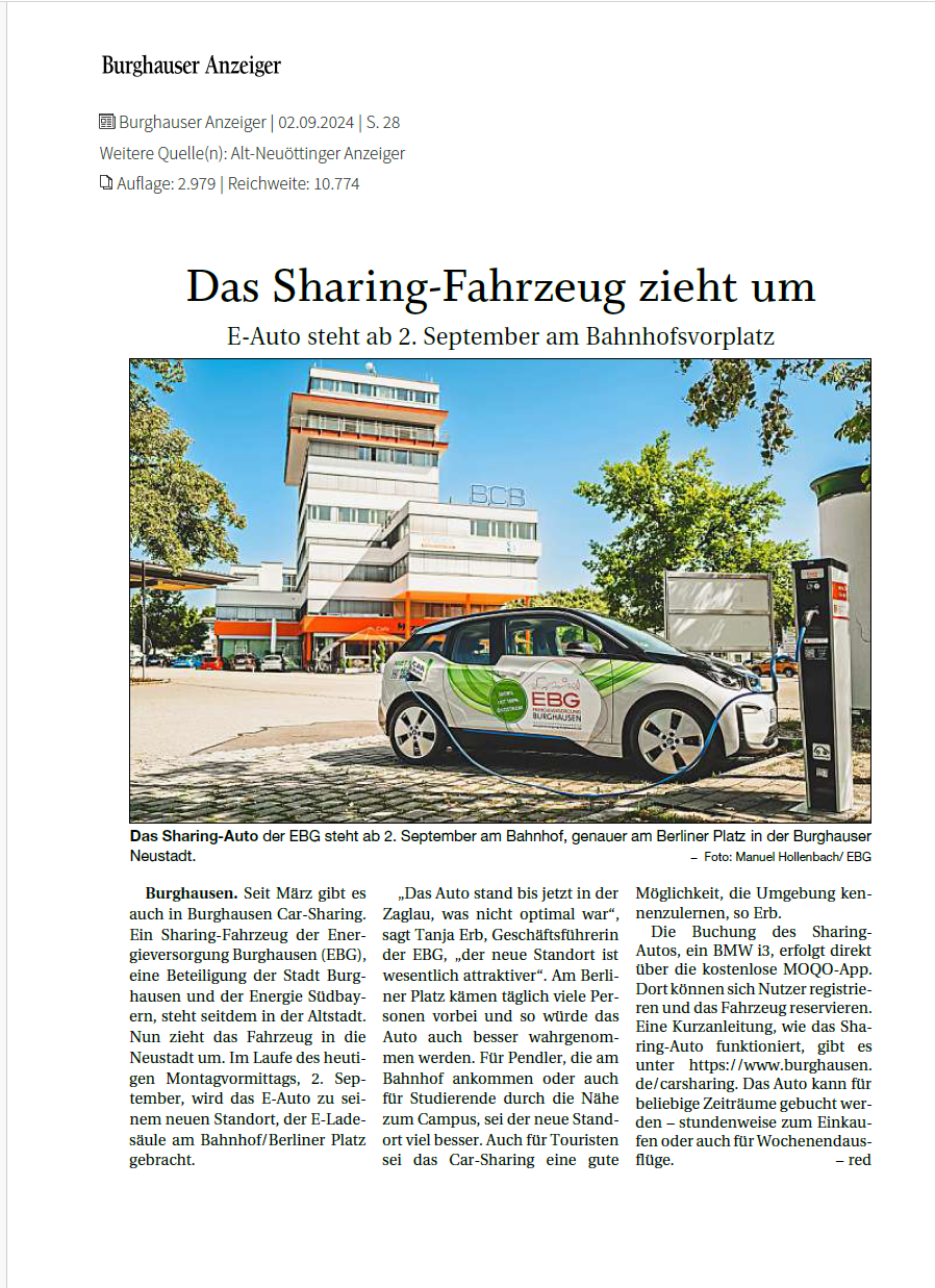 Zeitungsartikel zum Umzug des Sharing-Autos, mit einem Bild des Ladenden EBG-Autos